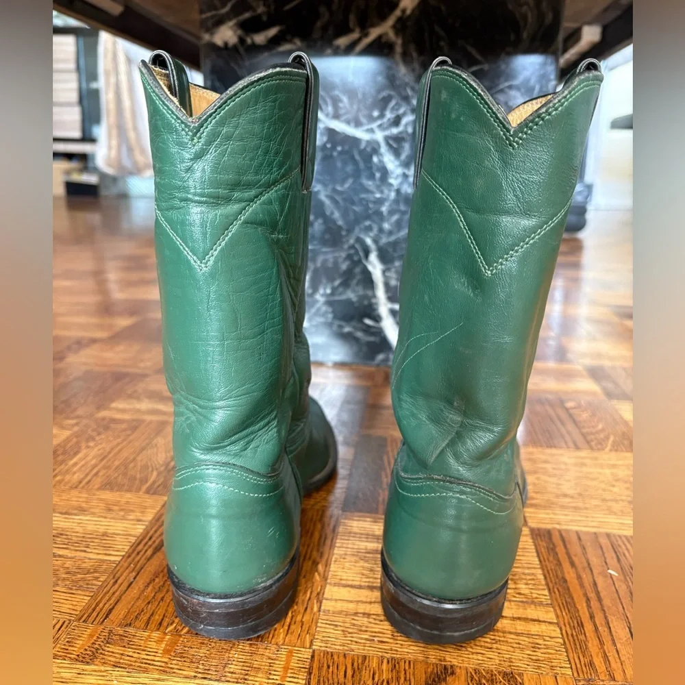 Justin Vintage Cowboy Original Green Roper Western Leather Boots - Made in USA - Picture 4 of 16